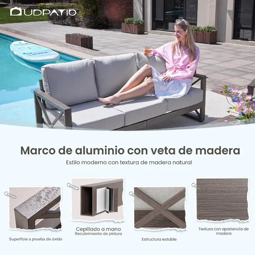 Vista 5 de UDPATIO - Juego de muebles de aluminio para patio al aire libre, grano de madera sintética, 5 piezas, color beige