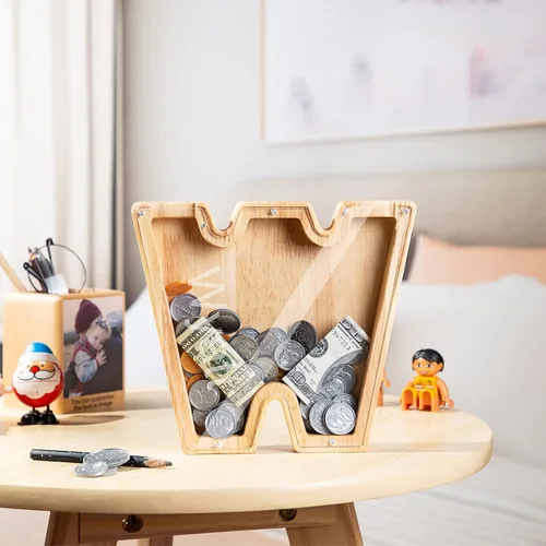 Vista 4 de Wooden Piggy Bank Personalized 26 English Alphabet Letter Coin Bank Custom Money Box Wooden Piggy Bank Gift for Kids Christmas Birthday Gift Home