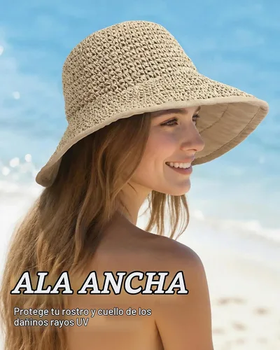 Vista 3 de Sombreros de sol para mujer, sombrero de pescador de paja de ala ancha de Beige