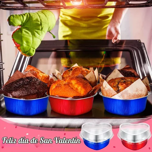 Vista 8 de Honeydak 50 juegos de moldes para tartas en forma de corazón de San Valentín con tapas, de papel de aluminio, 3.4 onzas, mini tazas desechables