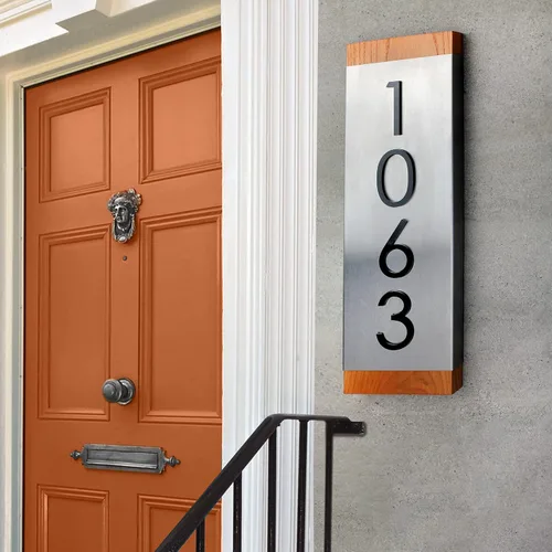 Vista 6 de Bsign Letrero de números de casa de acero, placa de dirección de madera, letreros de casa para exteriores