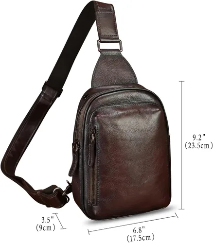 Vista 4 de LRTO Bolso bandolera pequeño de cuero genuino para mujeres y hombres, bolsa cruzada para el pecho, mochila para senderismo, deportes, viajes