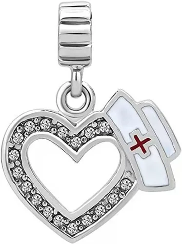 Vista 2 de KunBead Abalorios colgantes de corazón con diseño de corazón para enfermera, con diseño de cruz compatibles con pulseras Pandora, Cobre, vidrio