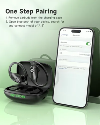 Vista 4 de Auriculares inalámbricos Bluetooth 96H Playtime Pantalla LED impermeable Micrófono integrado Sonido de graves profundos seguros sobre los oídos