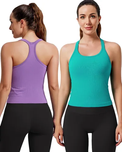 Vista 7 de Women's Workout Tank Tops, with Built in Bra Racerback Seamless Crop Tops Negro Blanco Gris 3 Pack