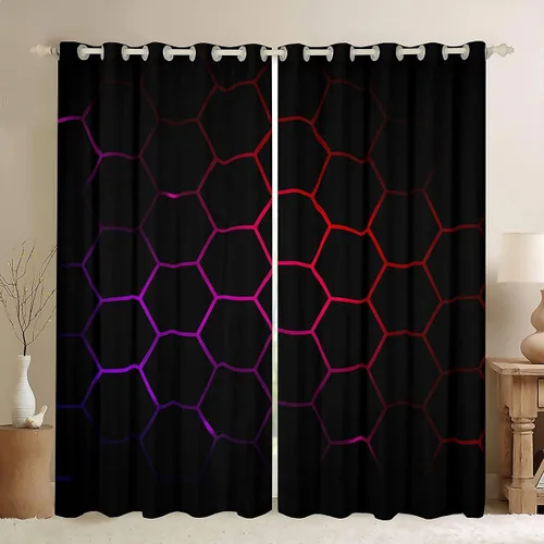 Vista 21 de Feelyou - Cortinas de ventana en forma de panal, tema geométrico hexagonal con luces de neón verdes, para chicos adolescentes y hombres, elegante