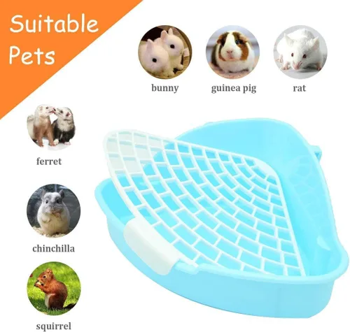 Vista 4 de Hamiledyi Caja de arena pequeña para conejo para jaula triangular, entrenador de orinal de esquina, conejo, inodoro, bandeja de plástico para Azul