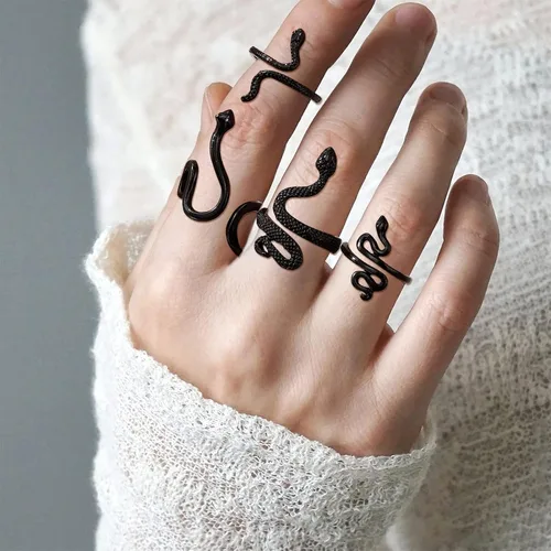 Vista 9 de Anillo de serpiente apilable para mujer, juego de anillos de plata ajustables, anillo de serpiente dorada, juego de joyería gótica para mujer