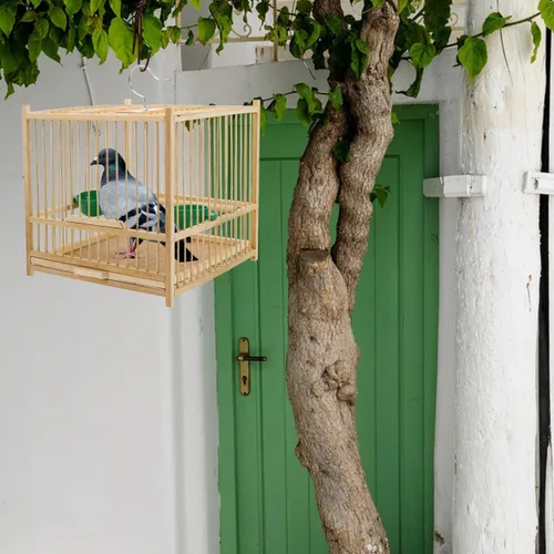 Vista 5 de SUPVOX Jaula de bambú para pájaros con decoración de perlas: jaula cuadrada de loro beige de 8.07 pulgadas para pájaros pequeños - Incluye tazas