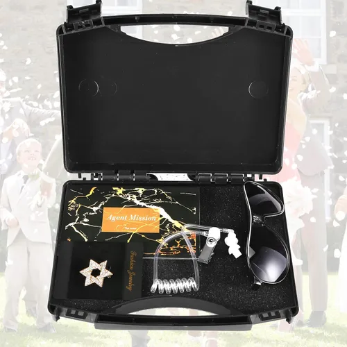 Vista 2 de Juego de regalo para portador de anillos de boda, caja de seguridad para anillos con oreja espía, insignia exclusiva, lentes de sol negros, tarjeta