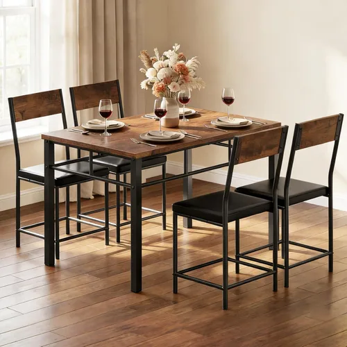 Vista 9 de Juego de mesa de comedor para 4, juego de mesa de cocina y sillas de 5 piezas, mesa de comedor rectangular de madera con marco de metal y tablero