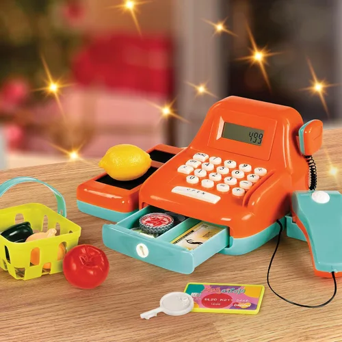 Vista 2 de Battat Kids - Caja registradora con escáner y sonidos, juego de 26 piezas Pretend play shopping set with calculator, light-up scanner, play money
