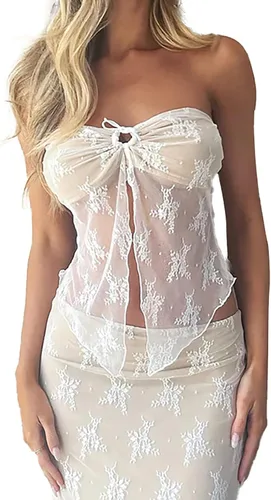 Vista 3 de Conjunto de 2 piezas de falda larga para mujer, Y2K con cordones en la espalda, camiseta sin mangas, falda larga, falda larga, verano, fiesta, club