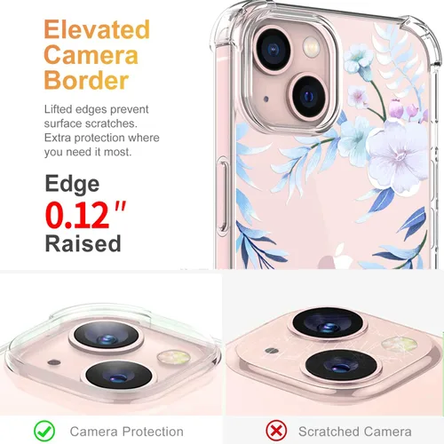 Vista 4 de Funda diseñada para iPhone 13 con protector de pantalla con patrón de flores, funda transparente para mujer, a prueba de golpes, funda protectora