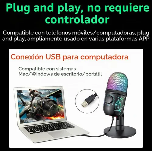 Vista 6 de Micrófono USB para juegos, micrófono de condensador RGB para PC, Mac, PS4/PS5, grabación de podcast