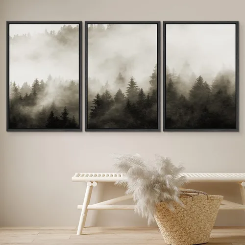 Vista 4 de SIGNWIN Lienzo enmarcado para pared, juego de decoración de guardería de bosques, niebla y niebla sobre bosque de montaña oscura, naturaleza, arte