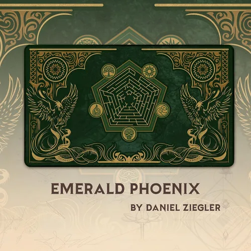 Vista 3 de Emerald Phoenix (cosida) – Alfombra de juego MTG – Compatible con Magic the Gathering Playmat – Play MTG, YuGiOh, TCG – Diseños artísticos
