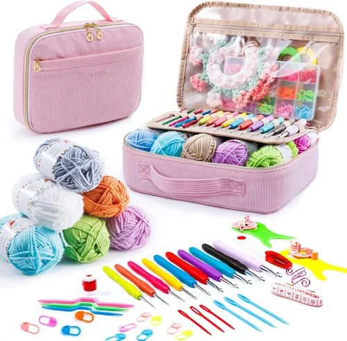 Vista 9 de MYBAGZING - Kit de ganchillo para principiantes, kit de iniciación de hilo Negro