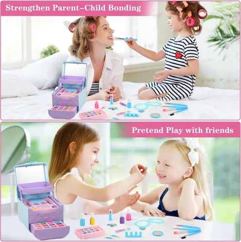 Vista 6 de TOKIA Kit de maquillaje para niños de gran cantidad de 49 piezas, no tóxico y seguro, maquillaje para niñas pequeñas, cosméticos lavables reales