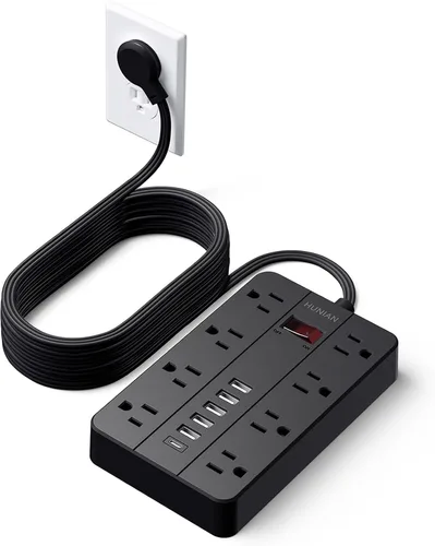 Vista 11 de Tira de alimentación con puertos USB, cable de extensión HUNIAN de 5 pies con enchufe plano y 8 tomas, cargador de 6 USB (1 puerto USB C), protector