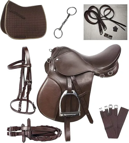 Vista 7 de Sillín de cuero genuino para montar a caballo, kit de inicio de silla de montar a caballo, color marrón, paquete combinado de 7 piezas
