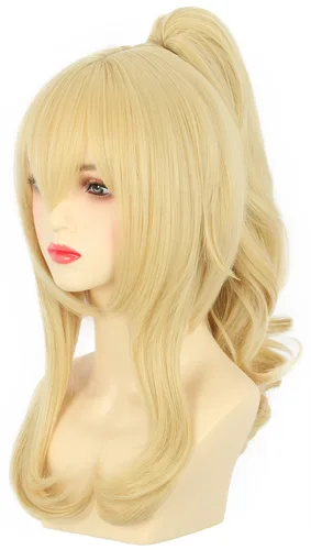 Vista 3 de karlery Peluca rubia de cola de caballo para mujer, disfraz de Halloween, peluca de cosplay de anime