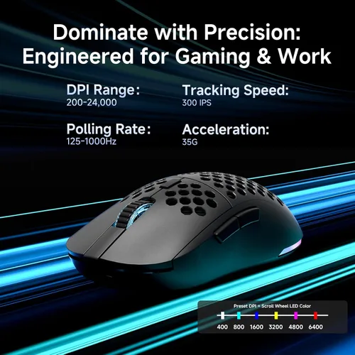 Vista 4 de DIERYA M1 - Mouse inalámbrico para juegos, 24000 DPI, batería de 180 horas, 16.8 M RGB, 6 botones programables, ligero, trimodo (2.4GBT5.2USB-C)