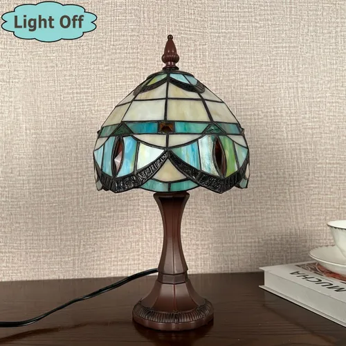 Vista 9 de Tiffany - Lámpara de mesa pequeña con vitrales, luz de mesa de estilo antiguo, lámpara de noche vintage para sala de estar, dormitorio, mesita