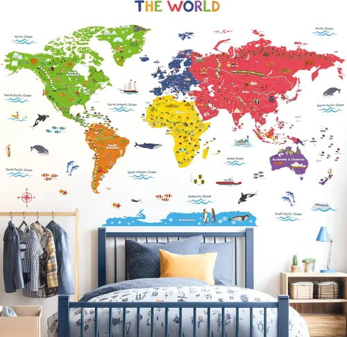 Vista 6 de Decowall - Calcomanías coloridas con mapa del mundo, removibles, se pelan y pegan, ideal para recámaras de niños, salas
