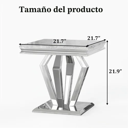 Vista 2 de ACEDÉCOR Mesa auxiliar cuadrada de 22 pulgadas, mesa auxiliar plateada con elegante parte superior de mármol sintético y base en forma de diamante