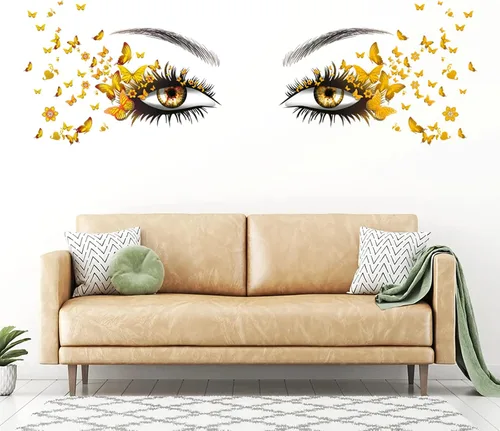 Vista 8 de Calcomanías de pared azules con ojos de pestañas, 4 hojas, vinilo mate premium, calcomanías de mariposa, impermeables, para mujeres y niñas