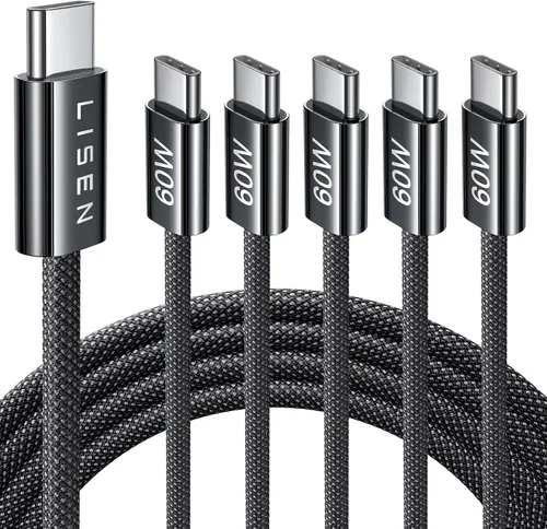 Vista 22 de LISEN Cable USB C, paquete de 5 cables USBC a USBC [0.5 pies] para iPhone 17 16e 15 Pro Max, cable de carga rápida de 60 W C a C para Galaxy Negro