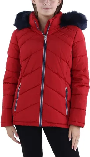 Vista 4 de Tommy Hilfiger Women's Chevoron Fur Hooded Short Puffer Jacket With Cinched Waist Cerulean