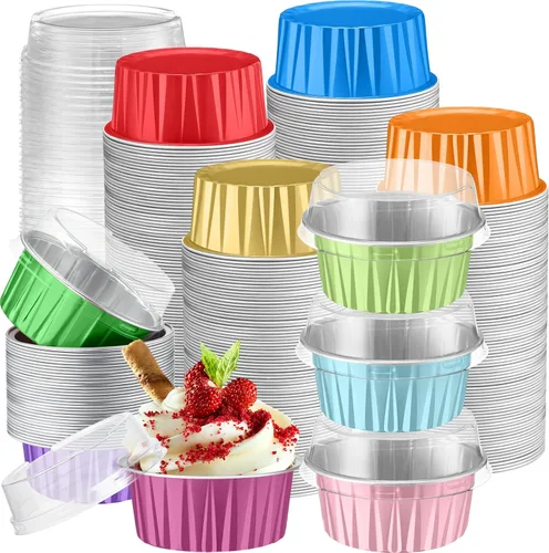 Vista 23 de Paquete de 200 forros de aluminio para cupcakes con tapas, color negro, liso 5 oz Round Baking Cup, Disposable Ramekin Container, Wedding