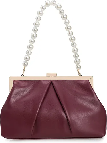 Vista 8 de CHARMING TAILOR Bolso de mano de piel sintética con marco de metal de PU fruncido, bolsa de noche formal con perla