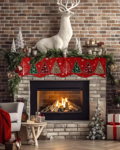 Vista 2 de Bufanda de Navidad para chimenea, diseño de árbol de Navidad, mantel de Navidad, mantel superior, bufandas con copos de nieve, cubierta de mantel