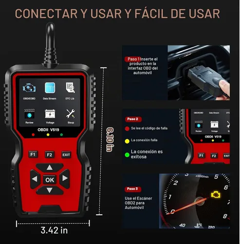 Vista 5 de V519 OBD2 Herramienta de diagnóstico escáner – Vechicle Check Motor Lector de código de luz con probador de voltaje de batería, preparación I/M Rojo
