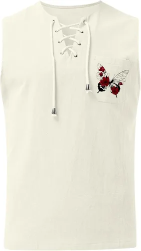 Vista 2 de EELHOE Camiseta sin mangas para hombre, ajuste clásico, ligera, de algodón, lino, con cordones, elegante, tropical