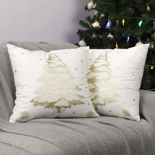 Vista 10 de Lewondr Funda de almohada decorativa de terciopelo suave de Navidad, paquete de 2, con bordado de ciervos, lujosa funda de cojín para sofá