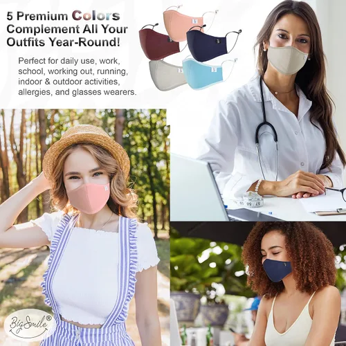 Vista 5 de BigSmile 5 máscaras faciales de tela para mujer, lavables, reutilizables, transpirables, ajustables