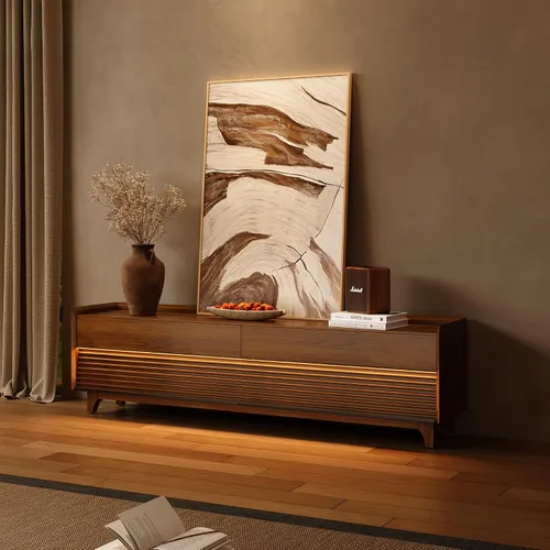 Vista 19 de POVISON Soporte de TV moderno de mediados de siglo totalmente ensamblado con luces LED ajustables, consola multimedia de madera, centro