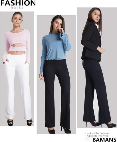 Vista 6 de Bamans Pantalones de vestir de yoga para mujer, corte de bota, bolsillos inclinados, acampanados anchos, pantalones largos de entrenamiento para yoga