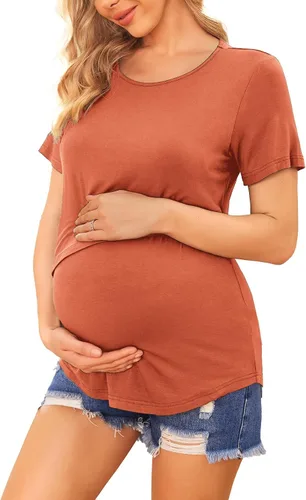 Vista 3 de Ekouaer Camisetas de maternidad para mujer, manga corta, paquete de 3 camisetas de lactancia materna de doble capa, ropa de embarazo, tallas S-XXL