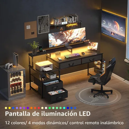 Vista 5 de MUTUN Escritorio para computadora de 53 pulgadas con 4 cajones y tomas de corriente, escritorio reversible de oficina en casa con soporte