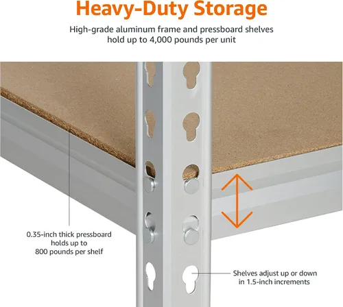 Vista 3 de Amazon Basics - Estantería de almacenamiento de resistencia media de doble poste, 5 niveles, tablero prensado, aluminio, 36 x 18 x 72 Servicio