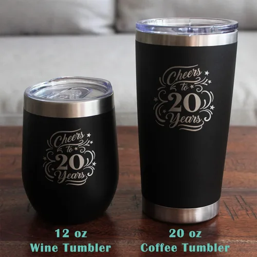 Vista 6 de Cheers to 20 Years - Vaso de vino con tapa deslizante - Taza aislada de acero inoxidable - Regalo para el 20 aniversario - Negro
