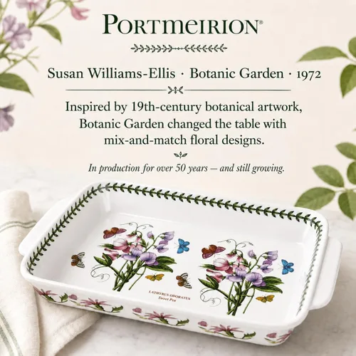 Vista 7 de Portmeirion Botanic Garden - Plato para lasaña Plato para hornear con motivo de guisantes dulces Mide 15 x 11 pulgadas Hecho de porcelana