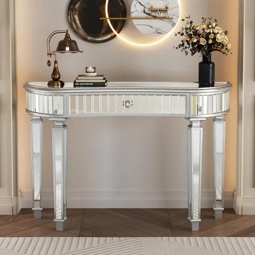 Vista 10 de Henf Escritorio de tocador con espejo para dormitorio, mesa de tocador de maquillaje, mesa de sofá con 2 cajones de diamantes sintéticos, moderno