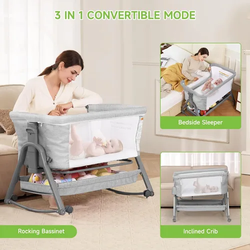 Vista 5 de Real Relax Moisés para bebé, cuna 3 en 1 con cesta de almacenamiento y ruedas, moisés mecedora fácil de plegar para cama lateral, altura ajustable