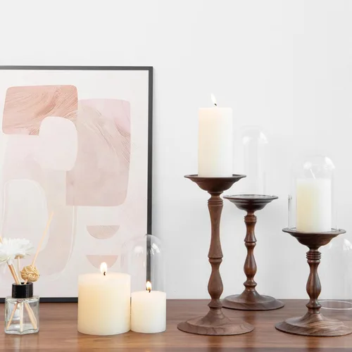 Vista 5 de Juego de 3 portavelas de madera, candelabros de madera de nogal negro, decoración de mesa auxiliar para el hogar, centro de mesa para comedor y sala